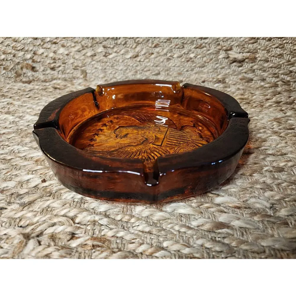 Vintage Amber Glass US Coat of Arms American Eagle Shield 7 Stars Ashtray 10”